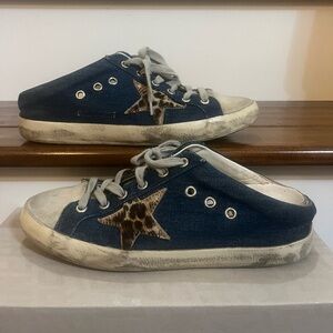 Golden Goose Navy Denim Slip Ons with Leopard Star